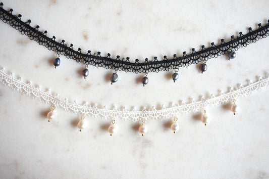 KATE White/Black Lace with Teardrop Freshwater Pearls/Peacock dyed freshwater pearls Choker Necklace