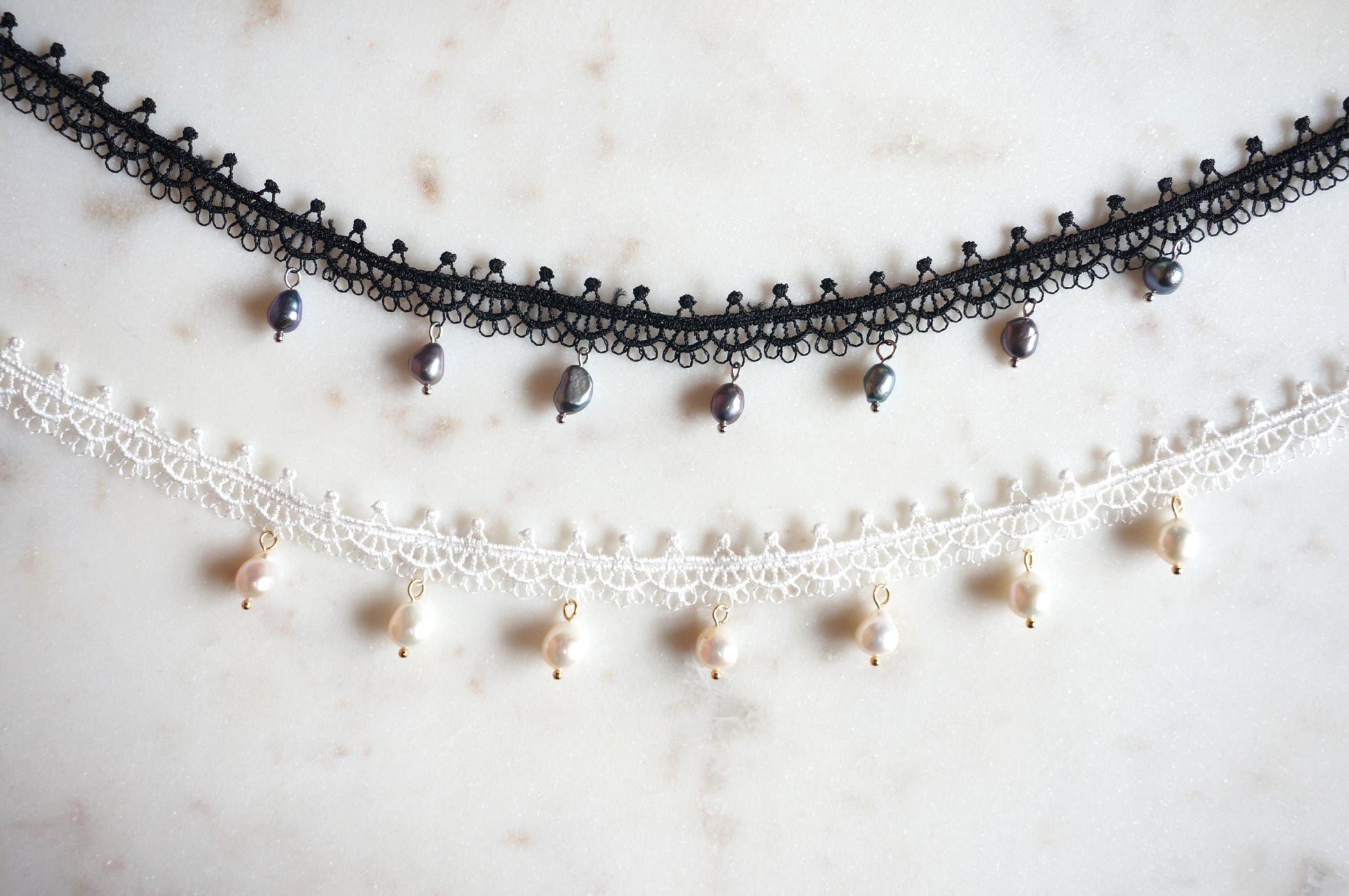 KATE White/Black Lace with Teardrop Freshwater Pearls/Peacock dyed freshwater pearls Choker Necklace