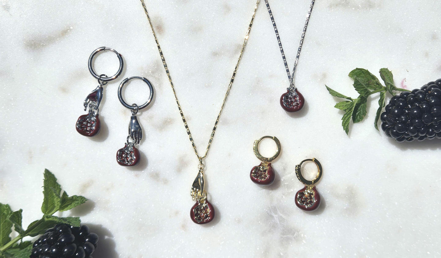 Persephone Crimson Pomegranate 18k Gold/Rhodium Plated Earrings/Huggies