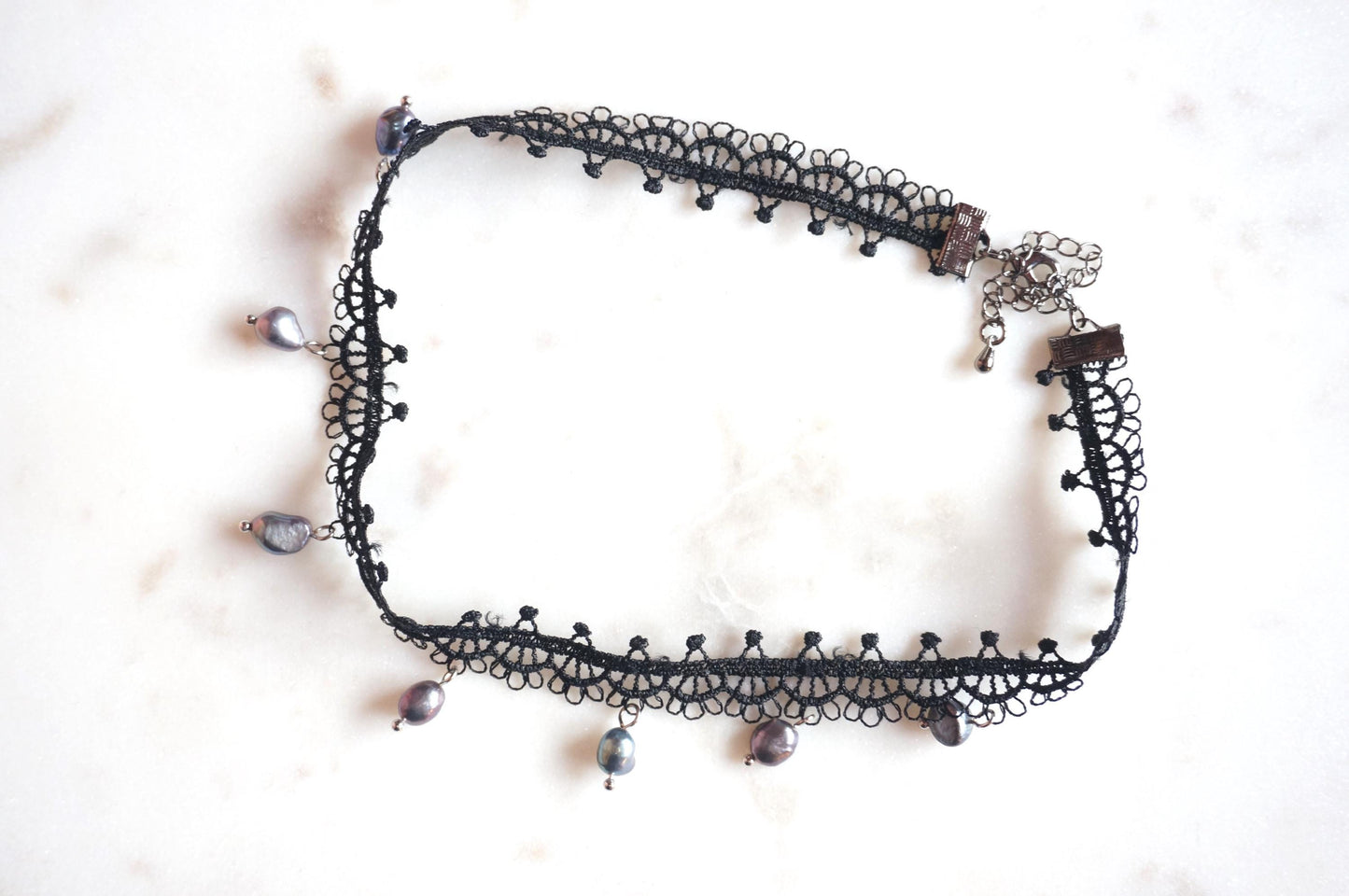KATE White/Black Lace with Teardrop Freshwater Pearls/Peacock dyed freshwater pearls Choker Necklace