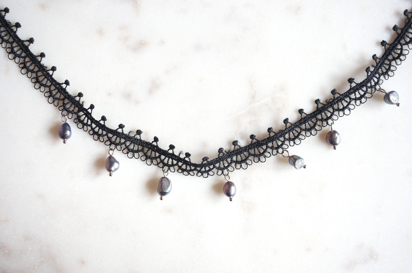 KATE White/Black Lace with Teardrop Freshwater Pearls/Peacock dyed freshwater pearls Choker Necklace