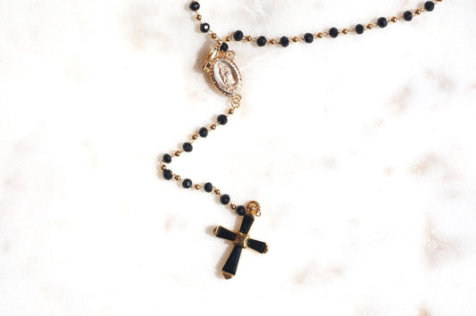 Black Crystal Cross Rosary Style Necklace