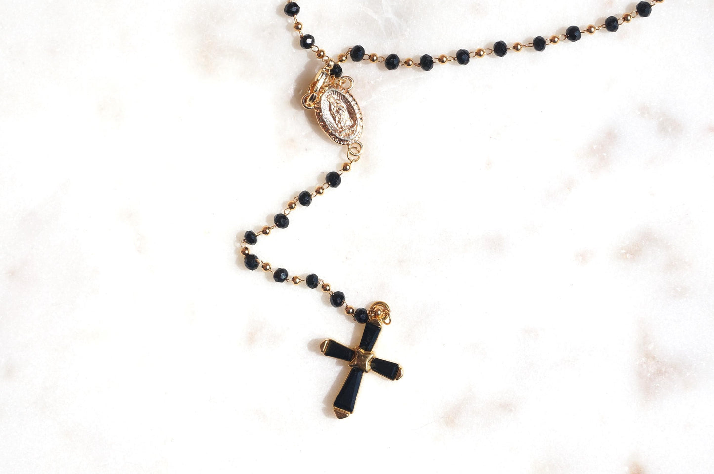 Black Crystal Cross Rosary Style Necklace