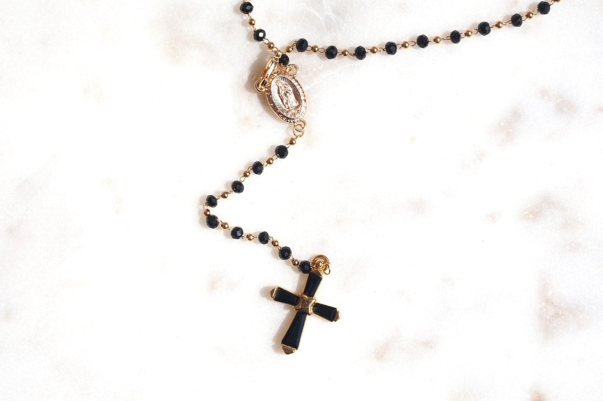 Black Crystal Cross Rosary Style Necklace