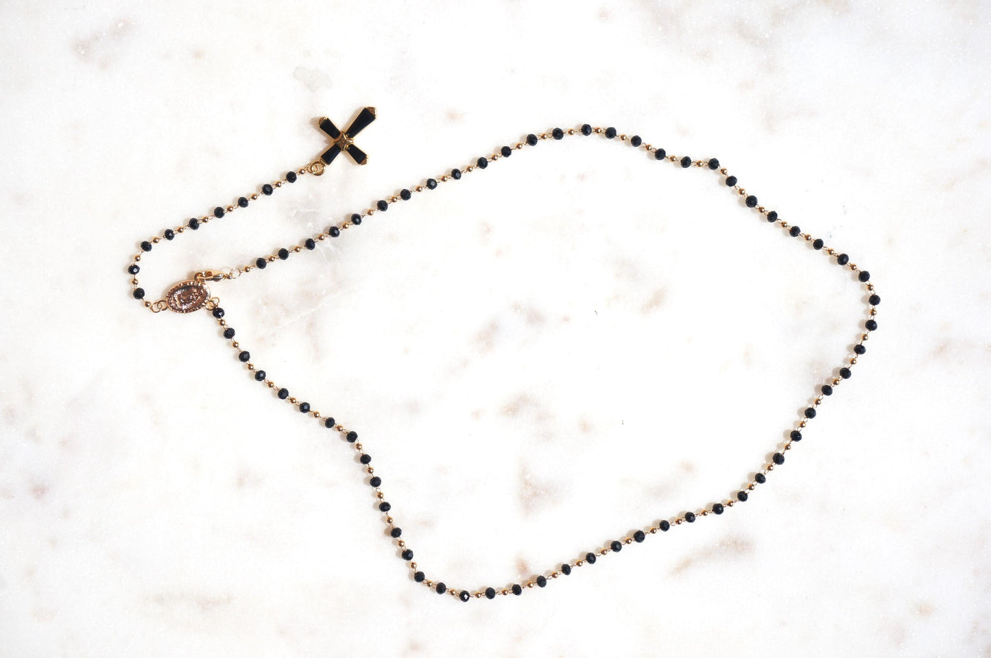 Black Crystal Cross Rosary Style Necklace
