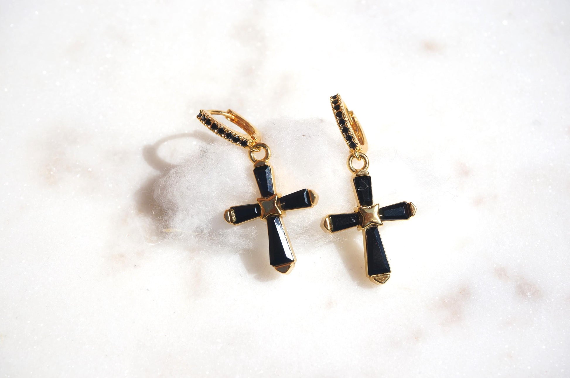 Black Crystal Cross Huggie Earrings / Dainty Hoop Earrings