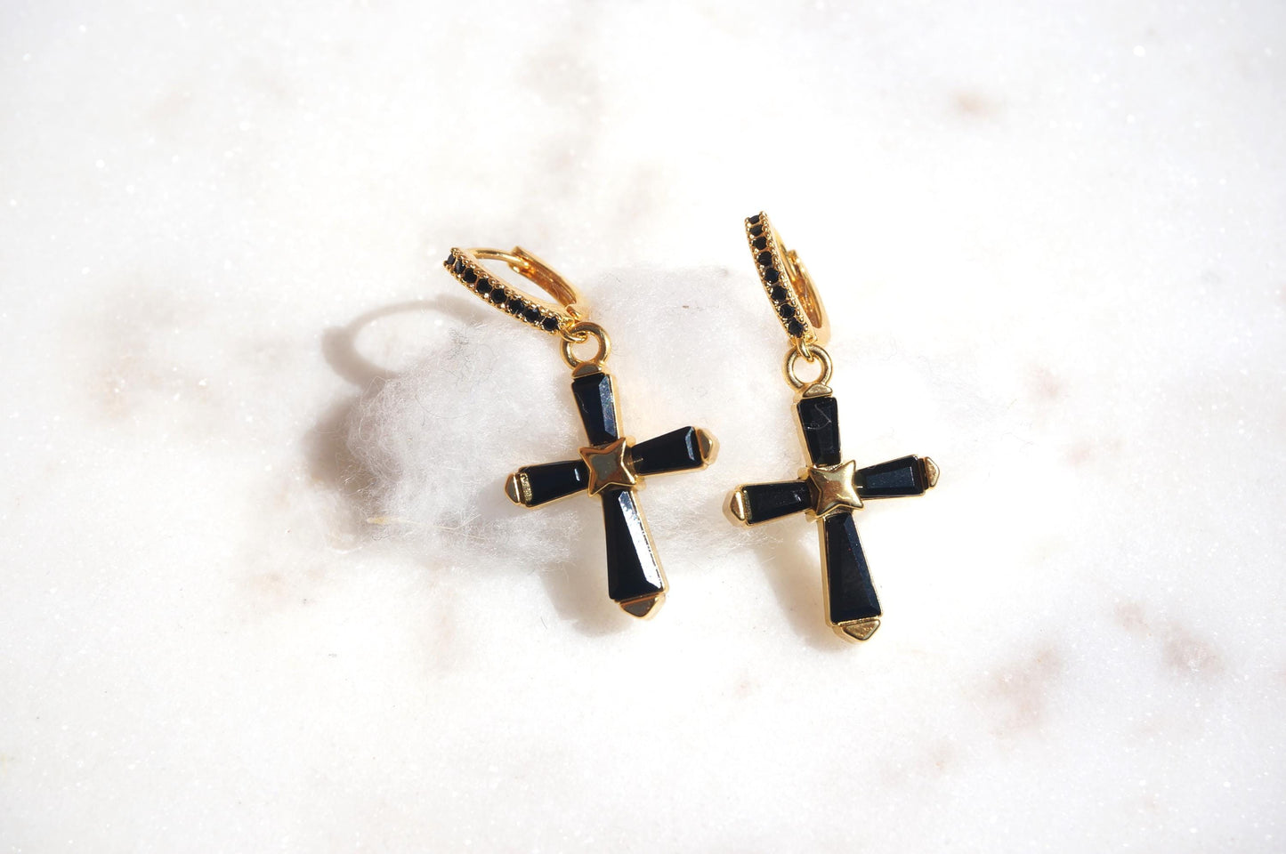 Black Crystal Cross Huggie Earrings / Dainty Hoop Earrings