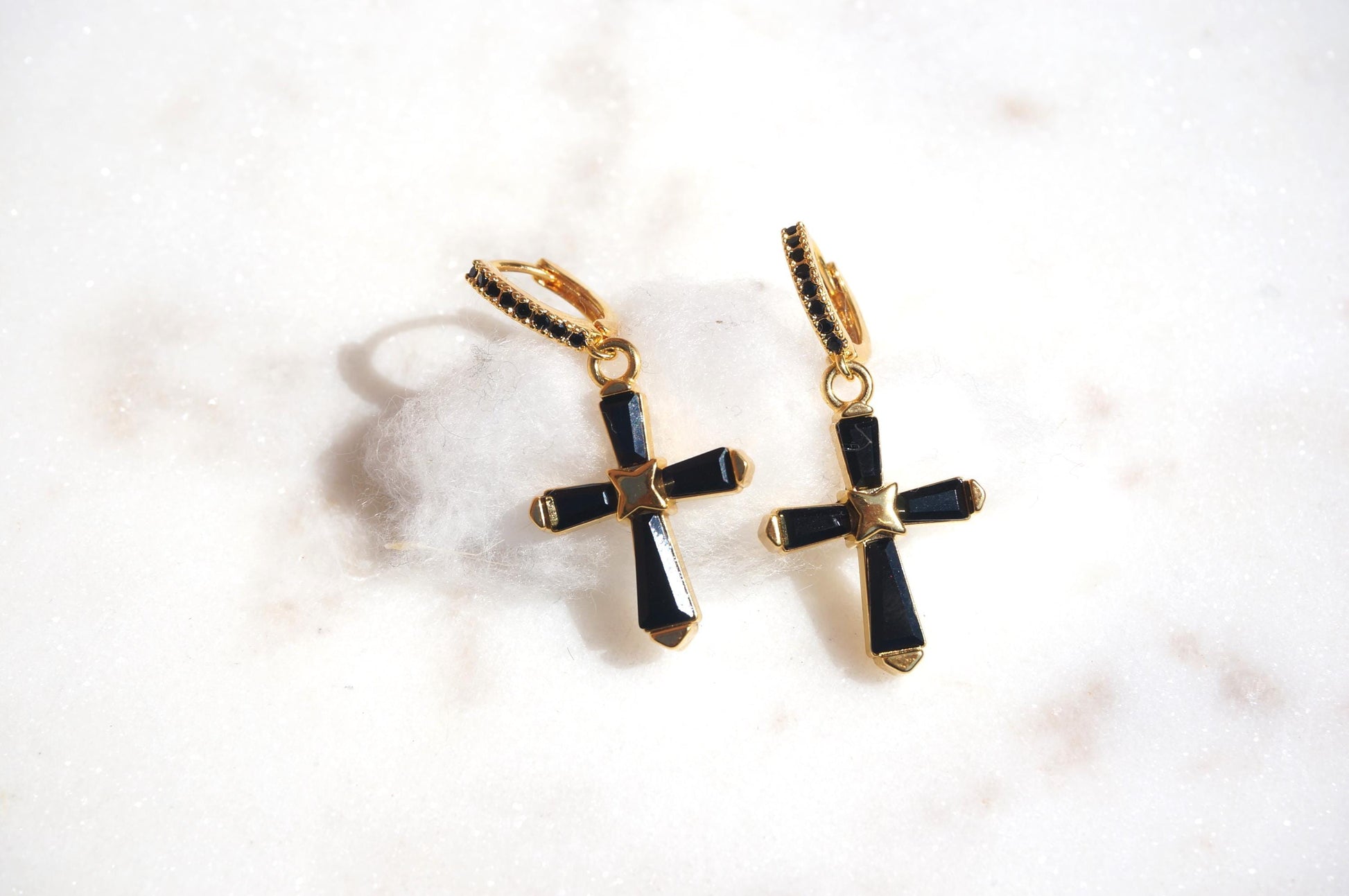 Black Crystal Cross Huggie Earrings / Dainty Hoop Earrings