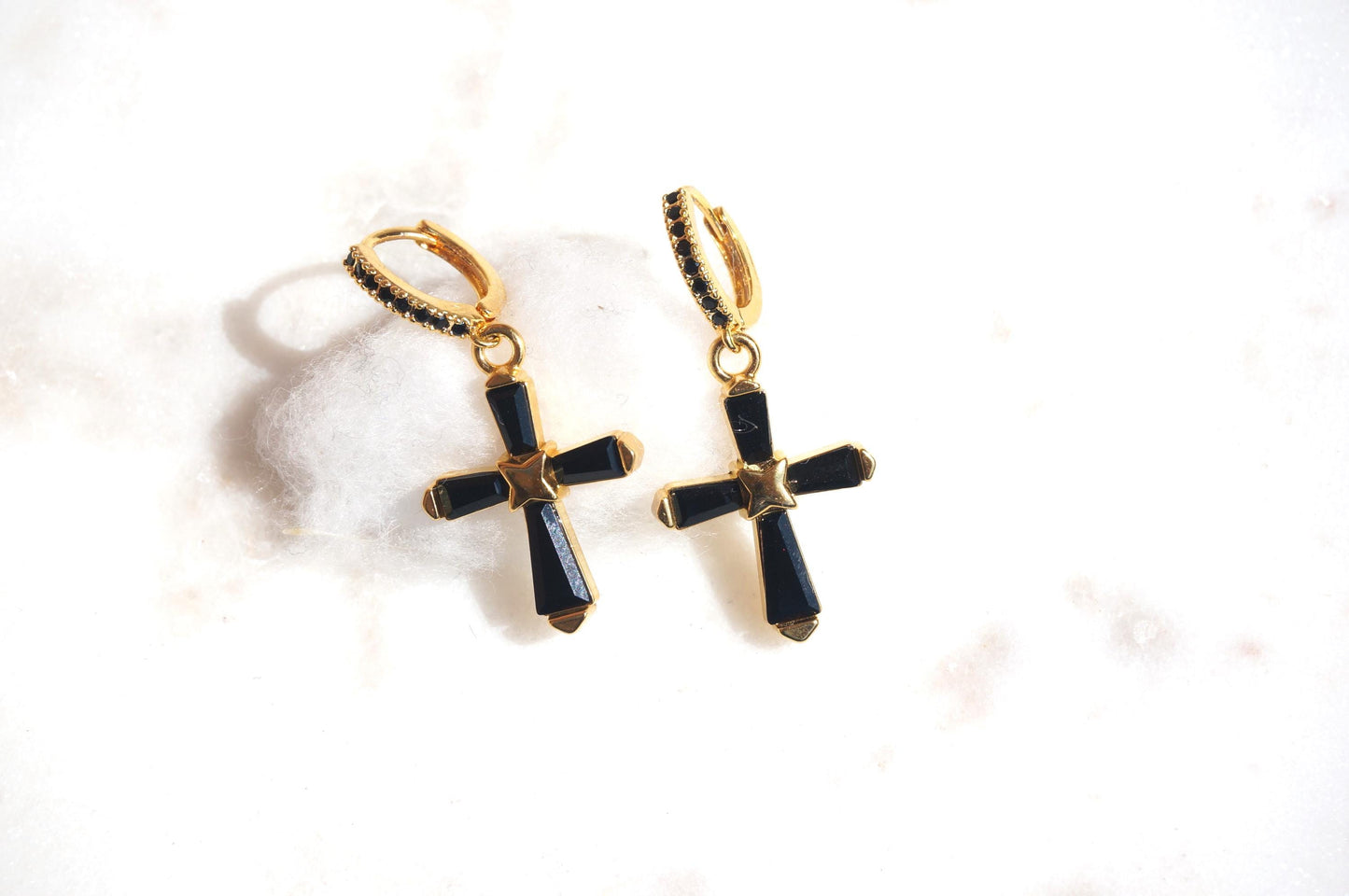 Black Crystal Cross Huggie Earrings / Dainty Hoop Earrings
