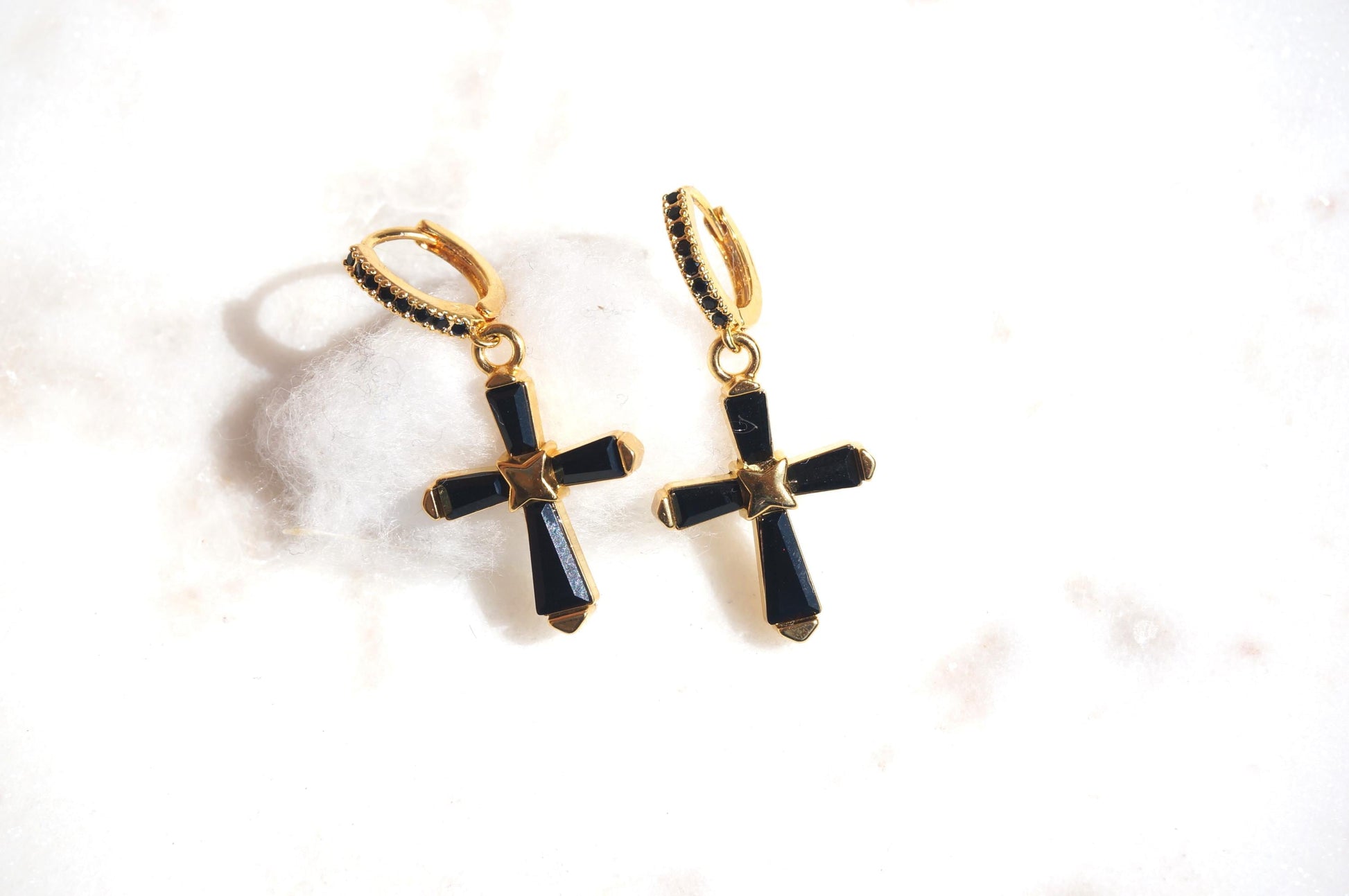 Black Crystal Cross Huggie Earrings / Dainty Hoop Earrings