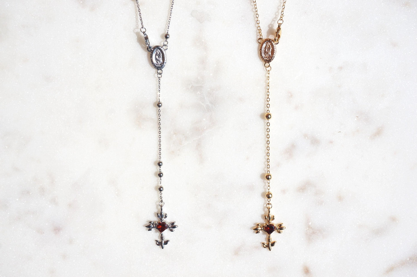 Red Heart Cross Rosary Style Necklace Gold/Silver