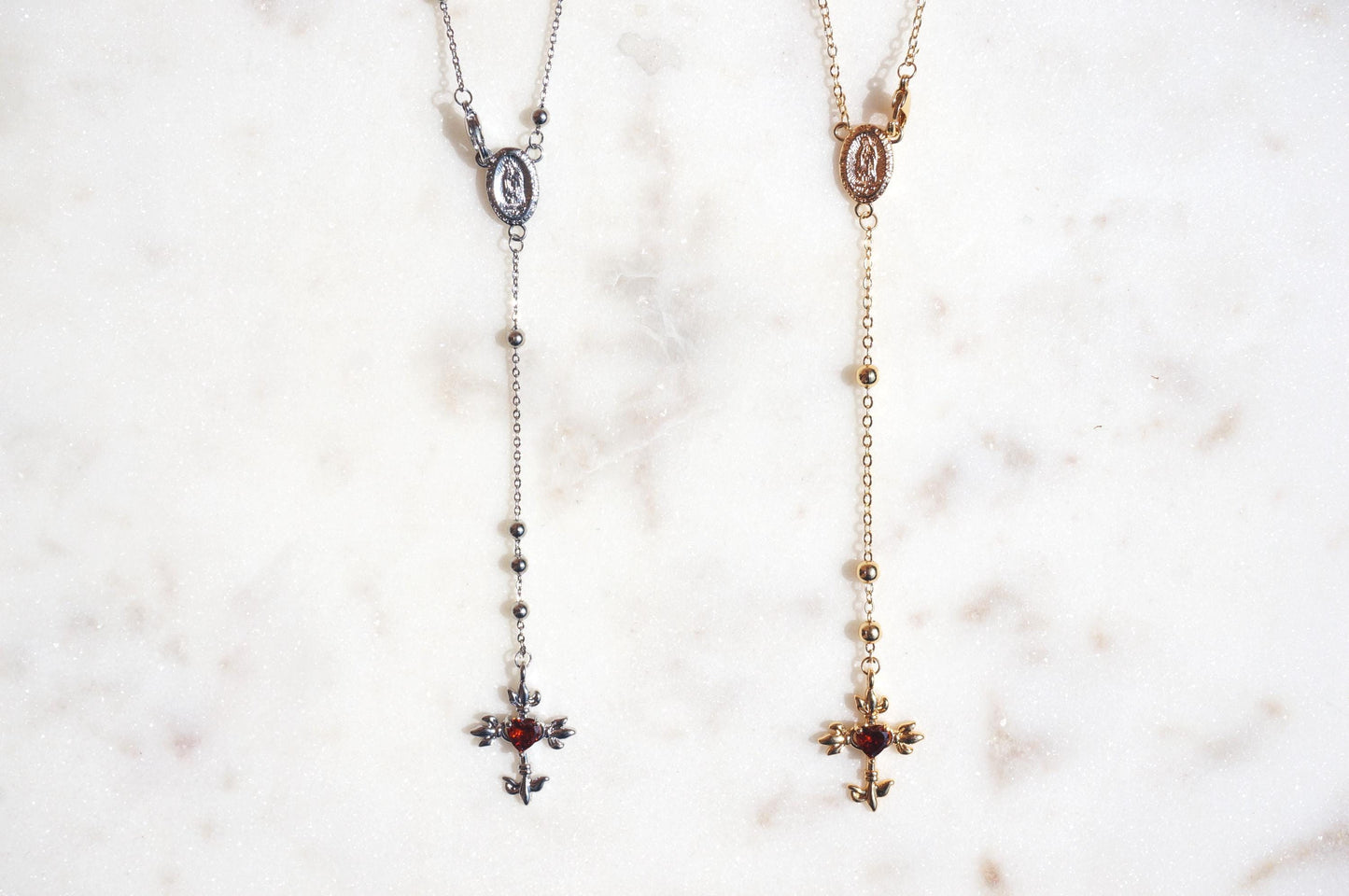 Red Heart Cross Rosary Style Necklace Gold/Silver