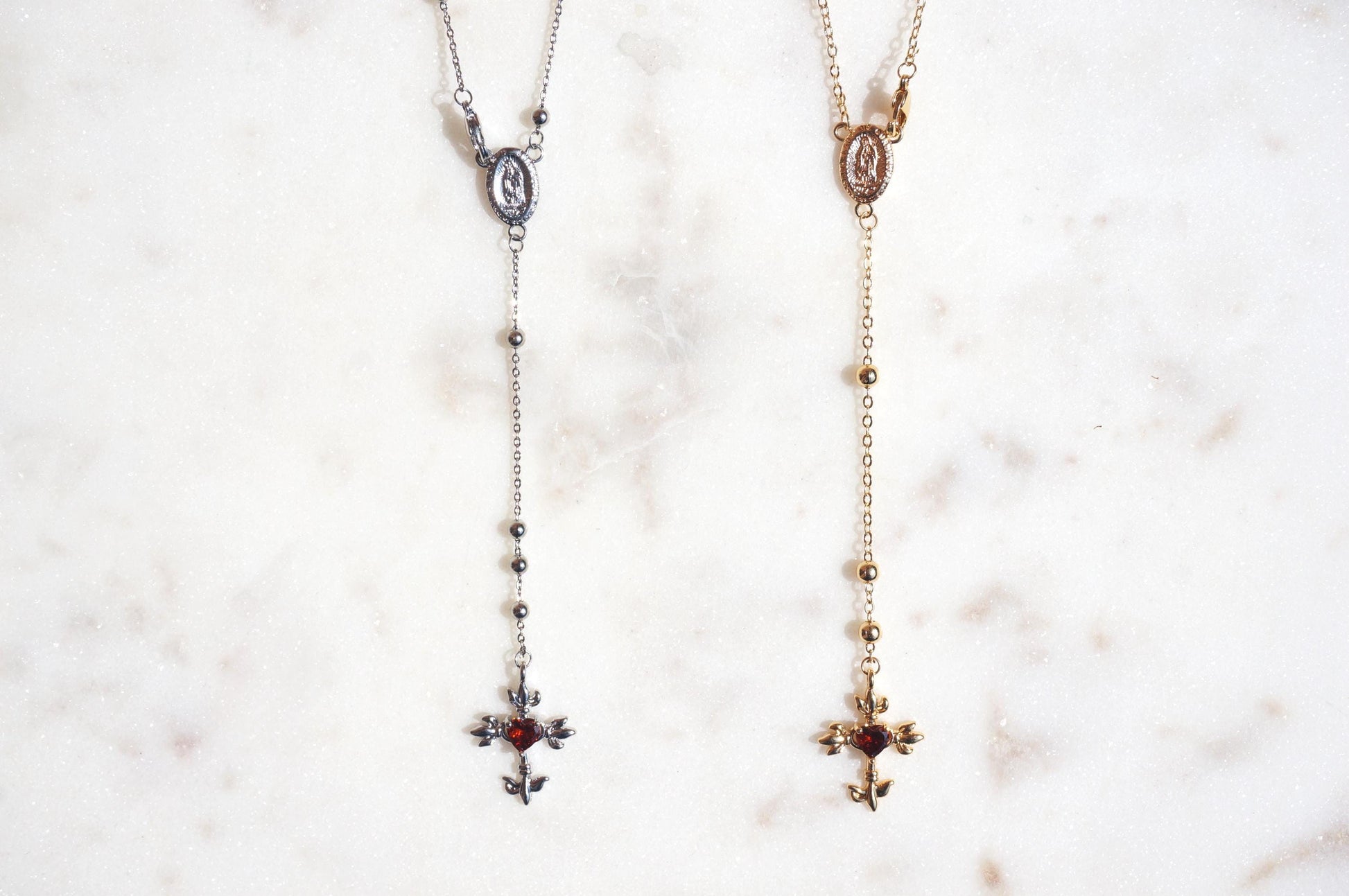 Red Heart Cross Rosary Style Necklace Gold/Silver
