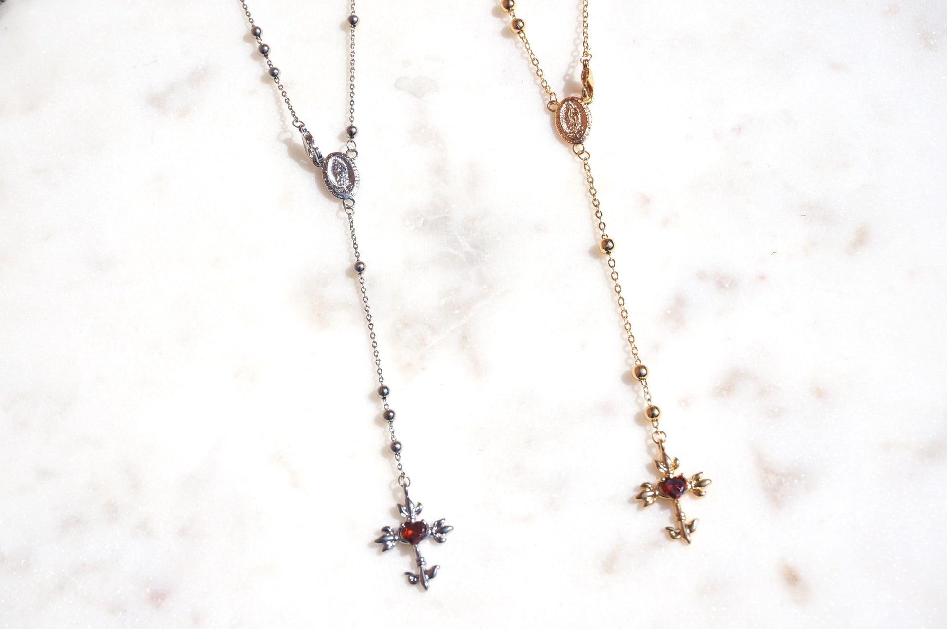 Red Heart Cross Rosary Style Necklace Gold/Silver