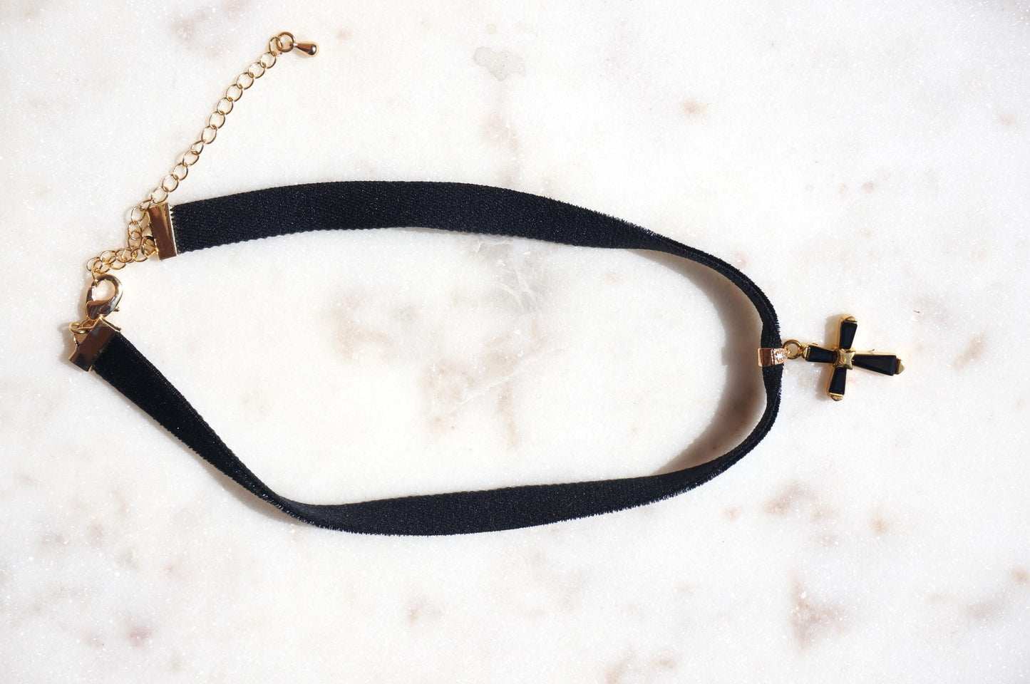Black Crystal Cross Stretch Velvet Choker