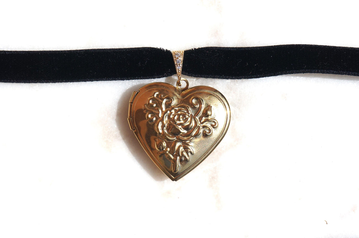 Silver/Gold Heart Locket Black/Purple Stretch Velvet Choker