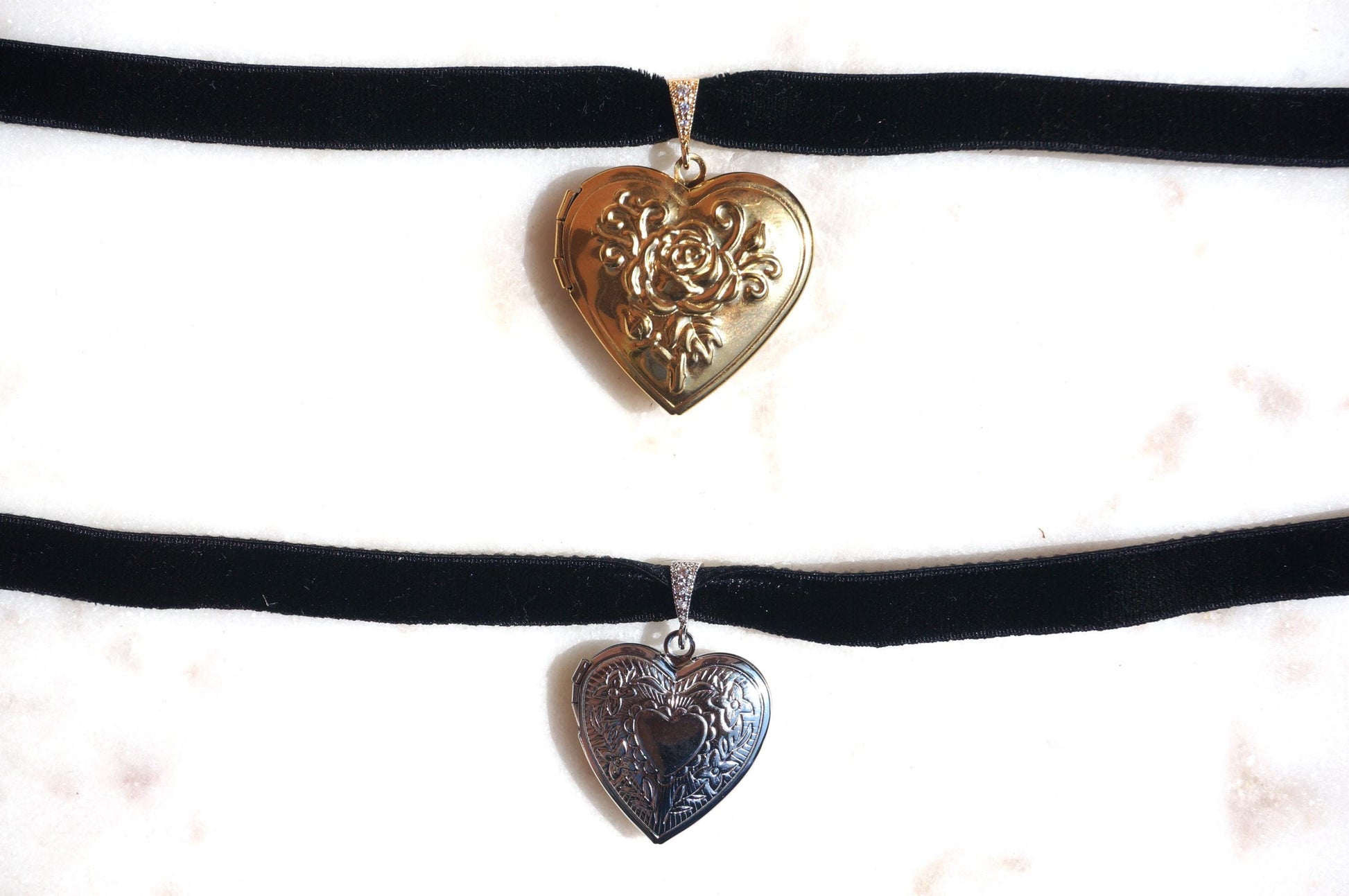 Silver/Gold Heart locket Black/Purple stretch velvet choker