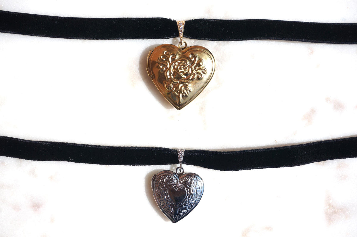 Silver/Gold Heart Locket Black/Purple Stretch Velvet Choker