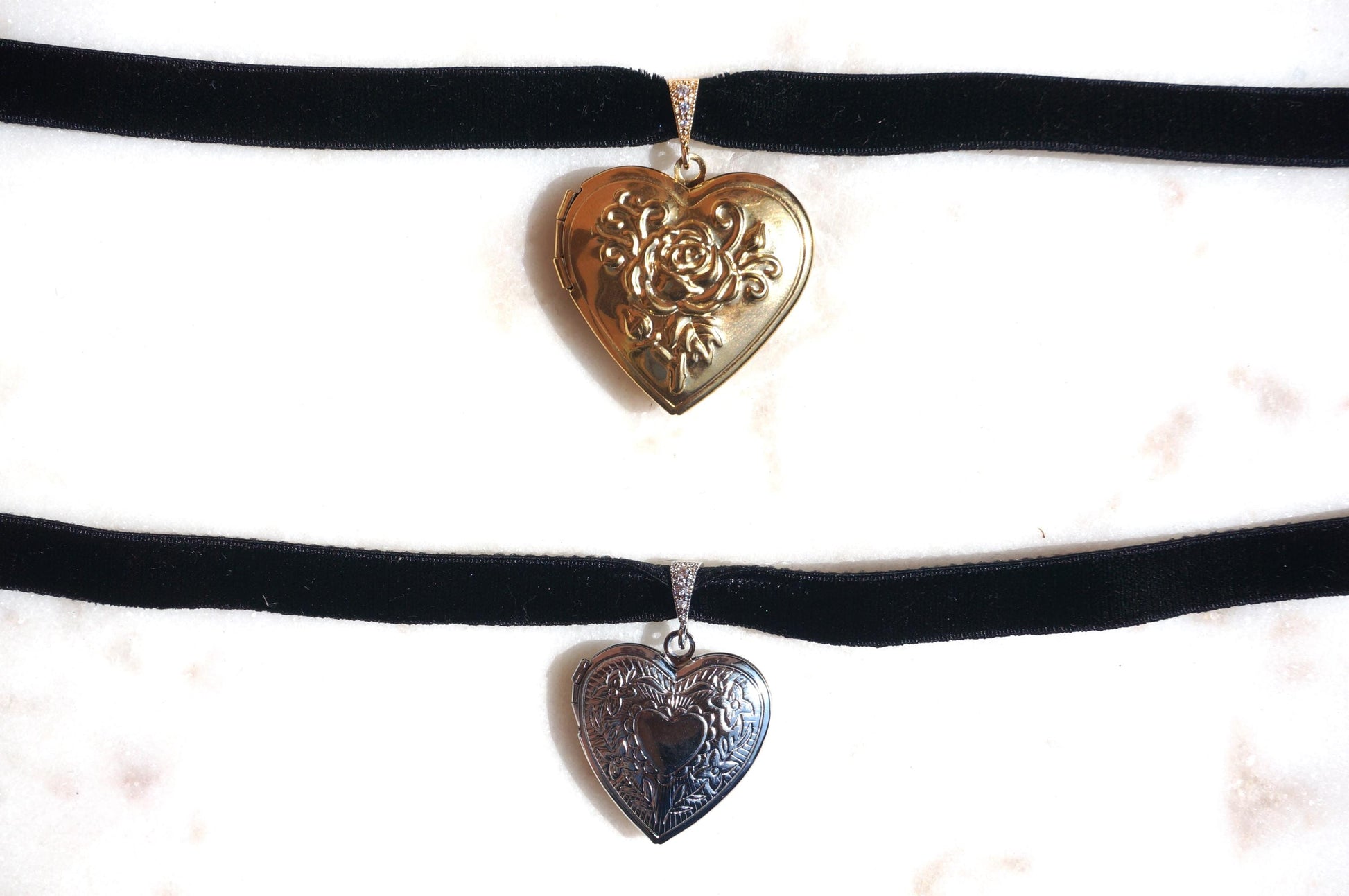 Silver/Gold Heart Locket Black/Purple Stretch Velvet Choker