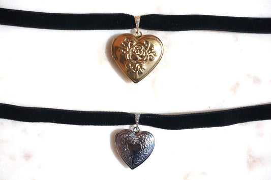 Silver/Gold Heart Locket Black/Purple Stretch Velvet Choker