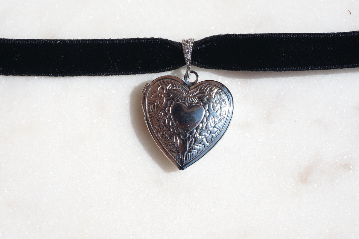 Silver/Gold Heart Locket Black/Purple Stretch Velvet Choker