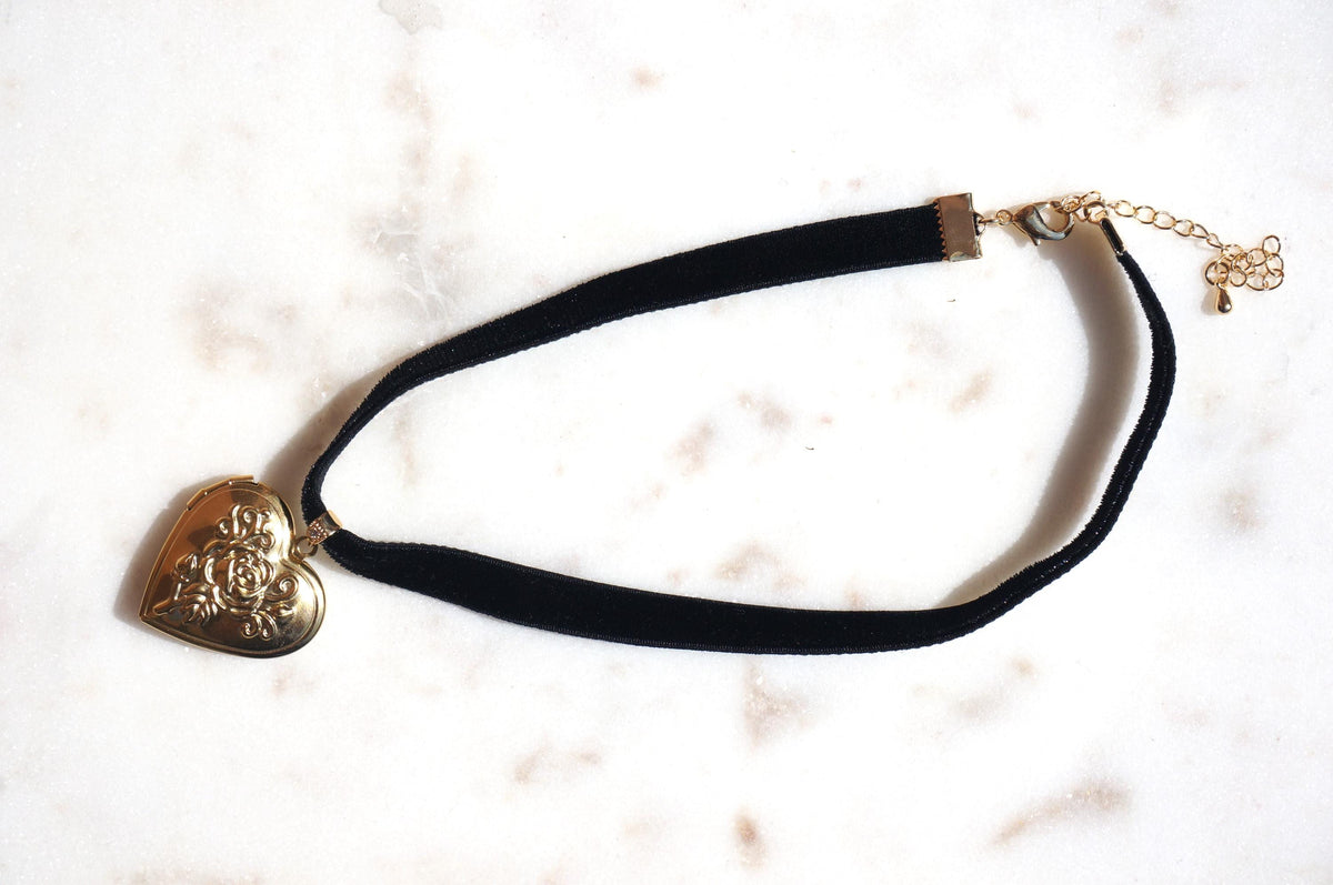 Silver/Gold Heart Locket Black/Purple Stretch Velvet Choker