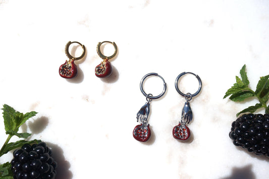 Persephone Crimson Pomegranate 18k Gold/Rhodium Plated Earrings/Huggies