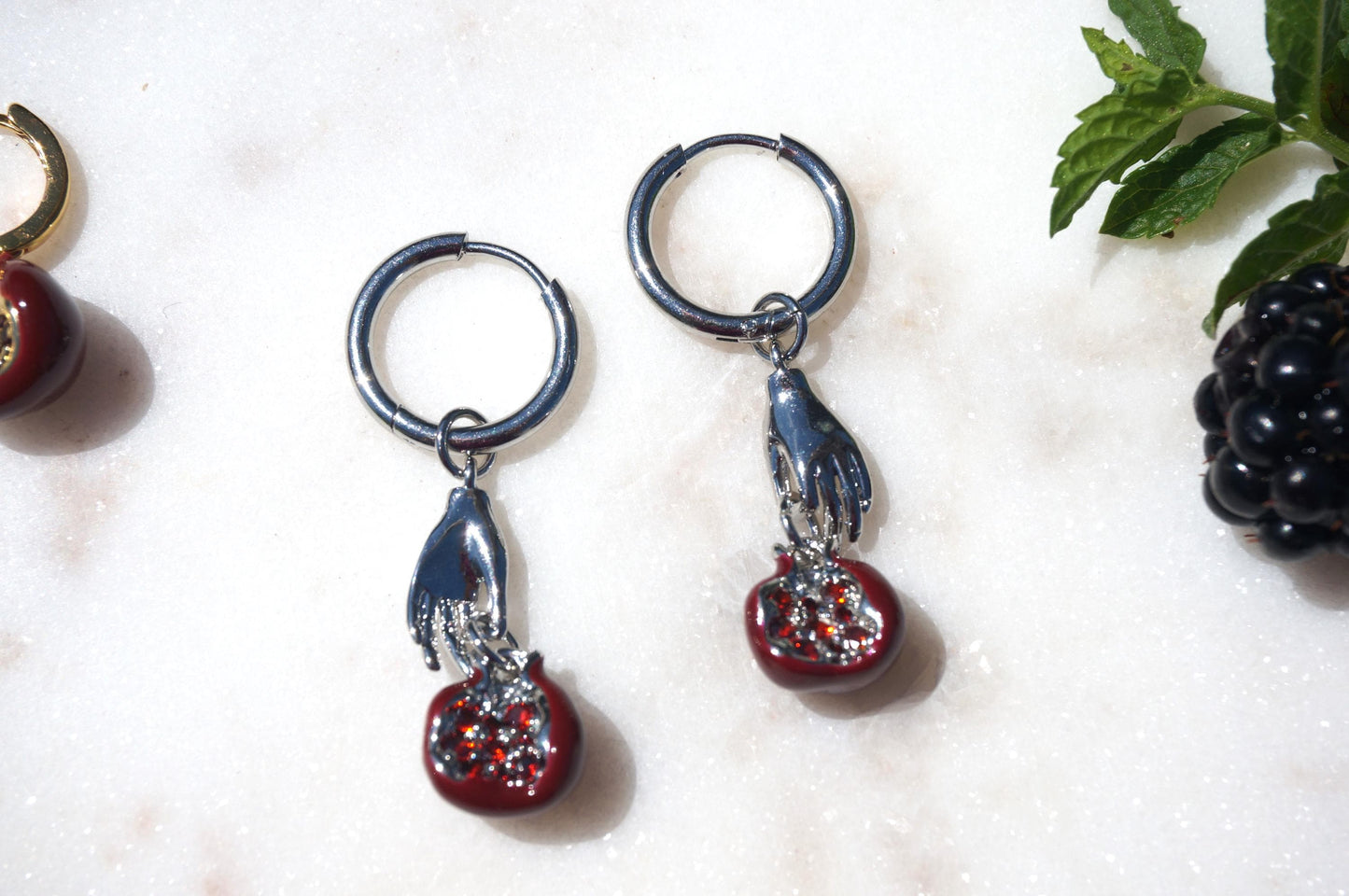 Persephone Crimson Pomegranate 18k Gold/Rhodium Plated Earrings/Huggies