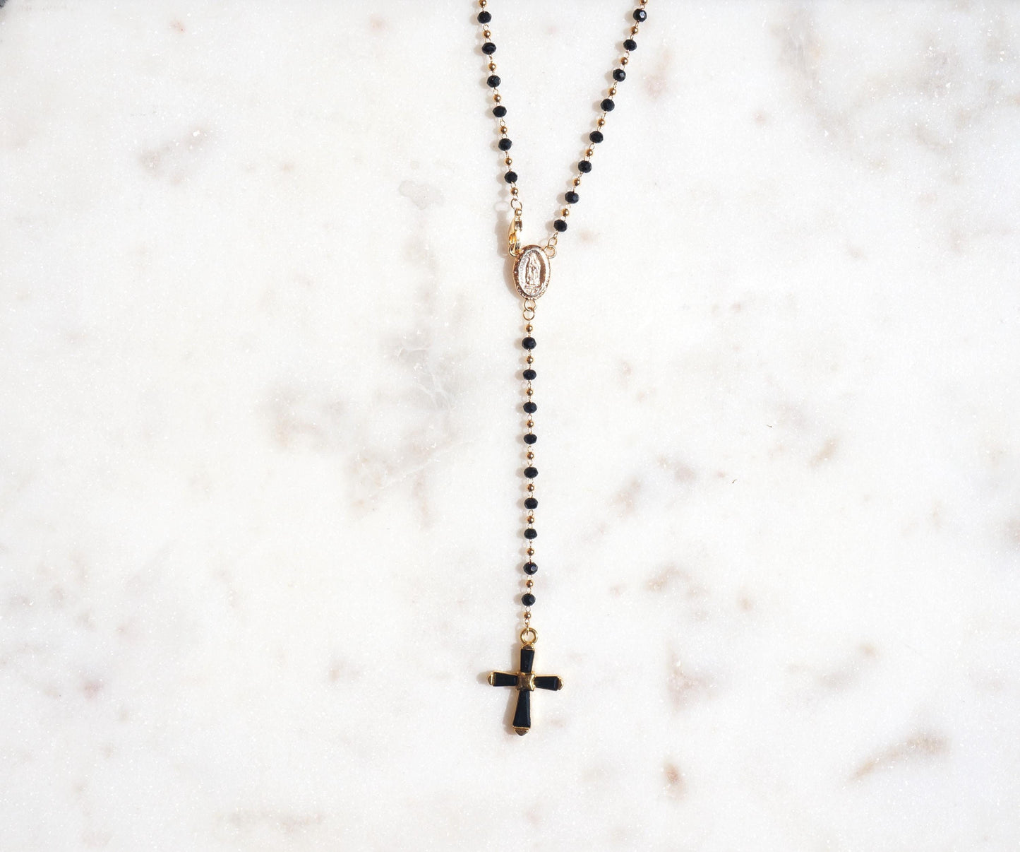 Black Crystal Cross Rosary Style Necklace