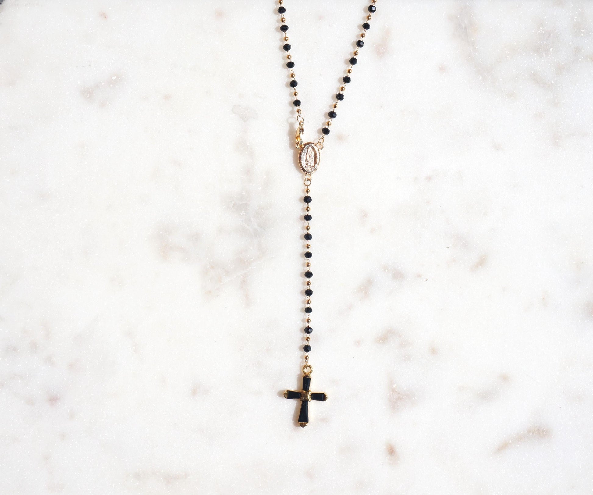 Black Crystal Cross Rosary Style Necklace