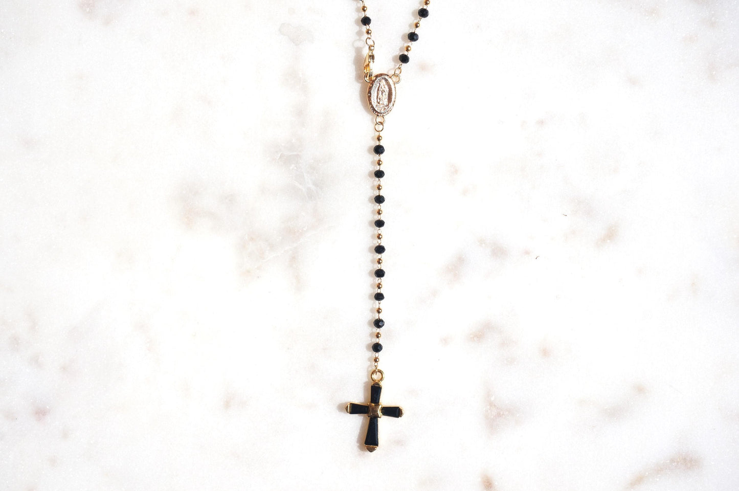 Black Crystal Cross Rosary Style Necklace
