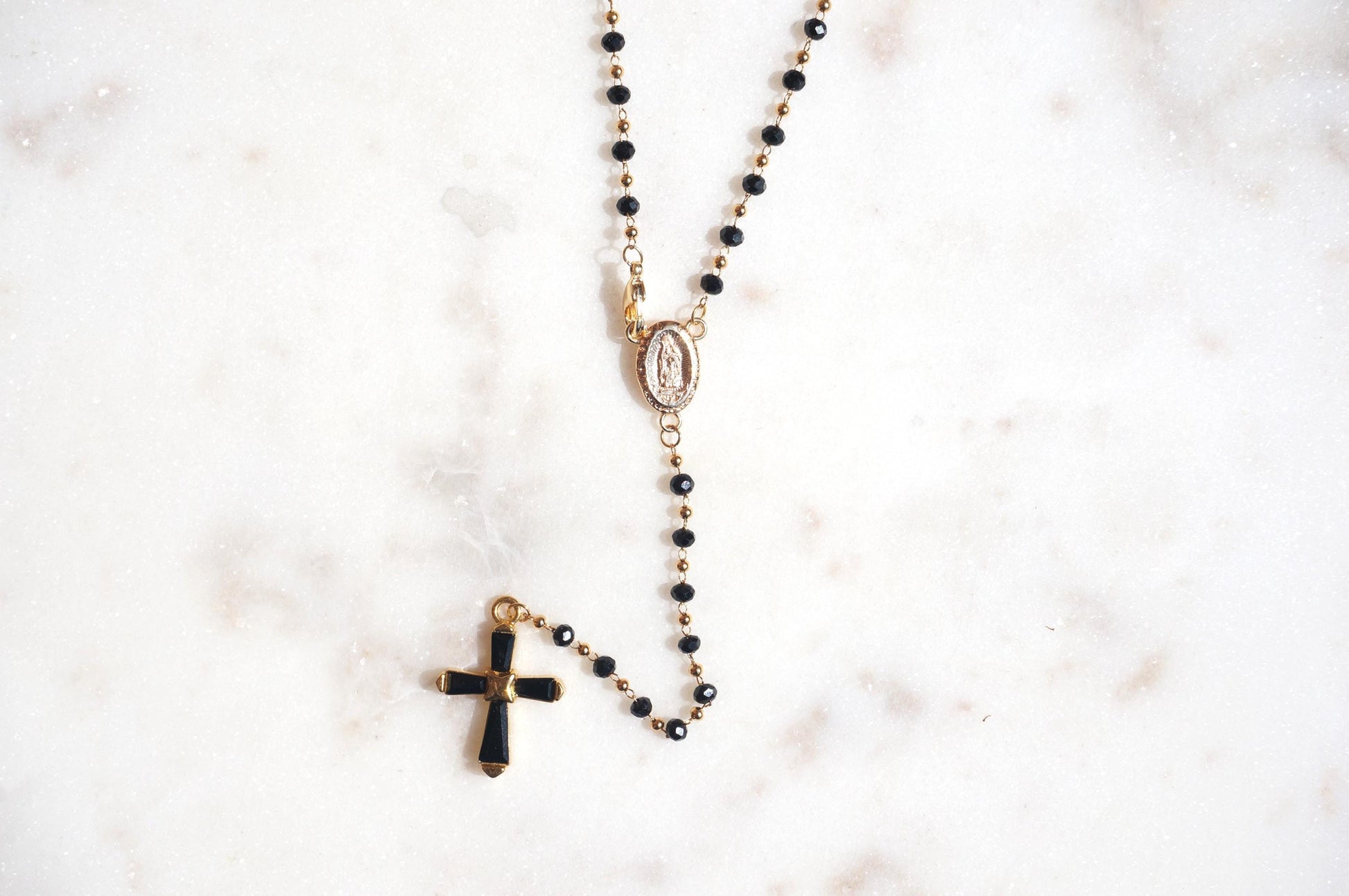 Black Crystal Cross Rosary Style Necklace