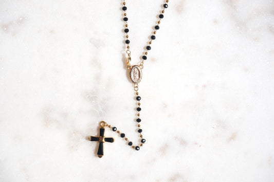 Black Crystal Cross Rosary Style Necklace