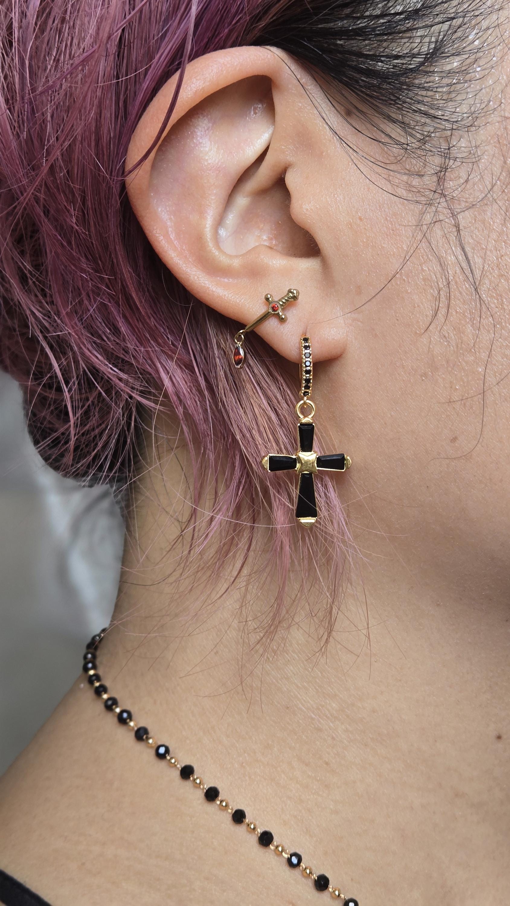 Black Crystal Cross Huggie Earrings / Dainty Hoop Earrings