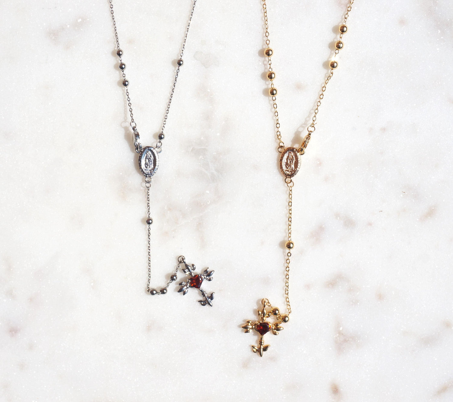 Red Heart Cross Rosary Style Necklace Gold/Silver