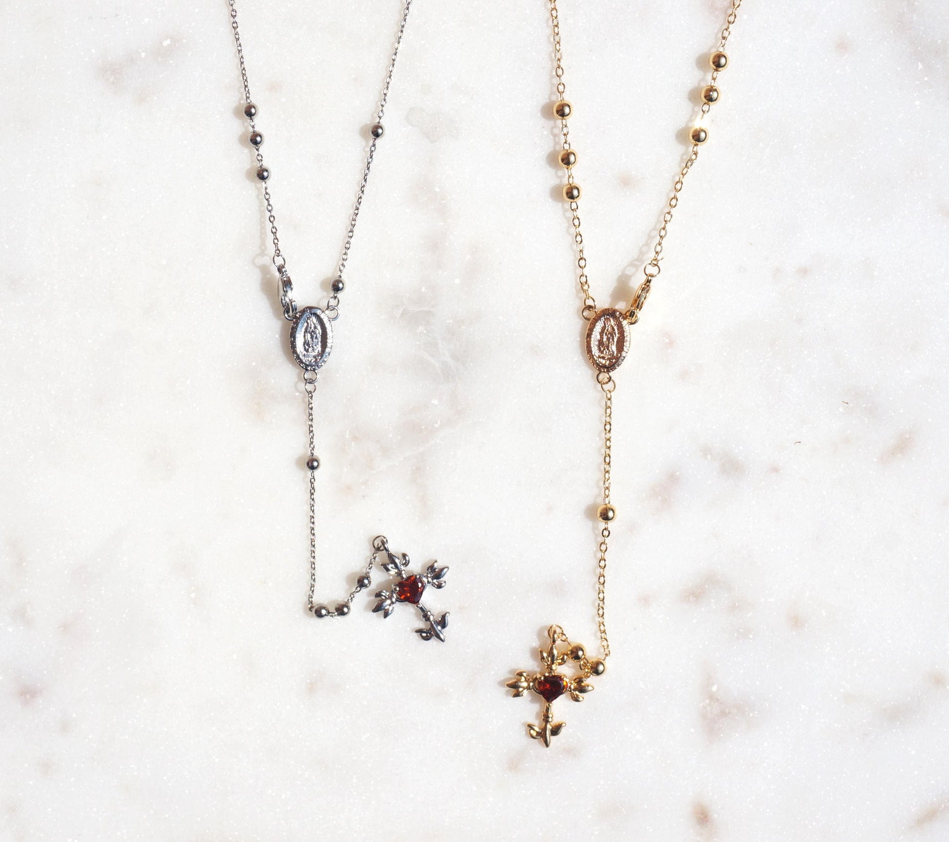 Red Heart Cross Rosary Style Necklace Gold/Silver