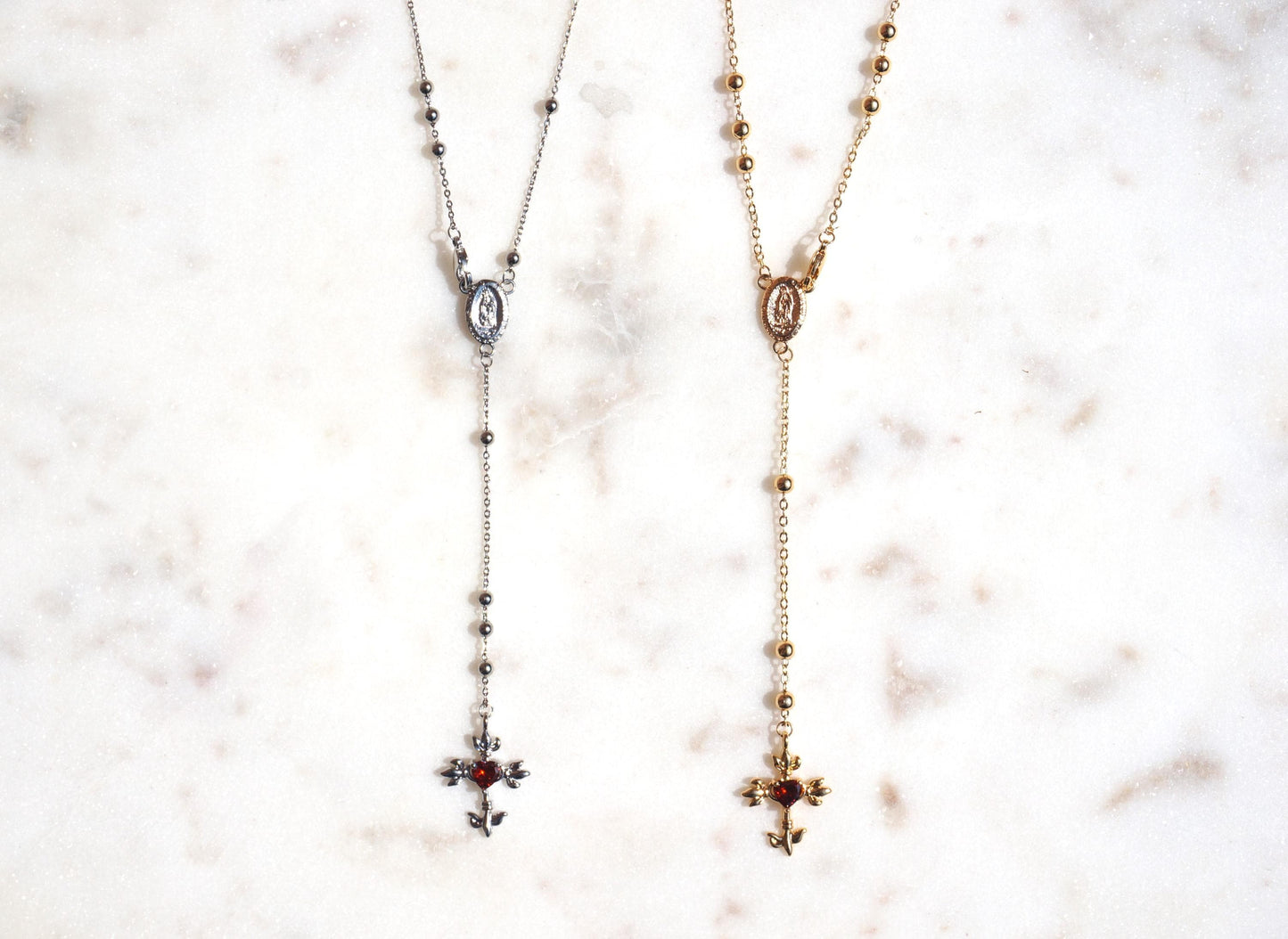 Red Heart Cross Rosary Style Necklace Gold/Silver