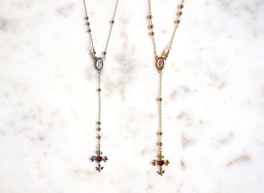 Red Heart Cross Rosary Style Necklace Gold/Silver