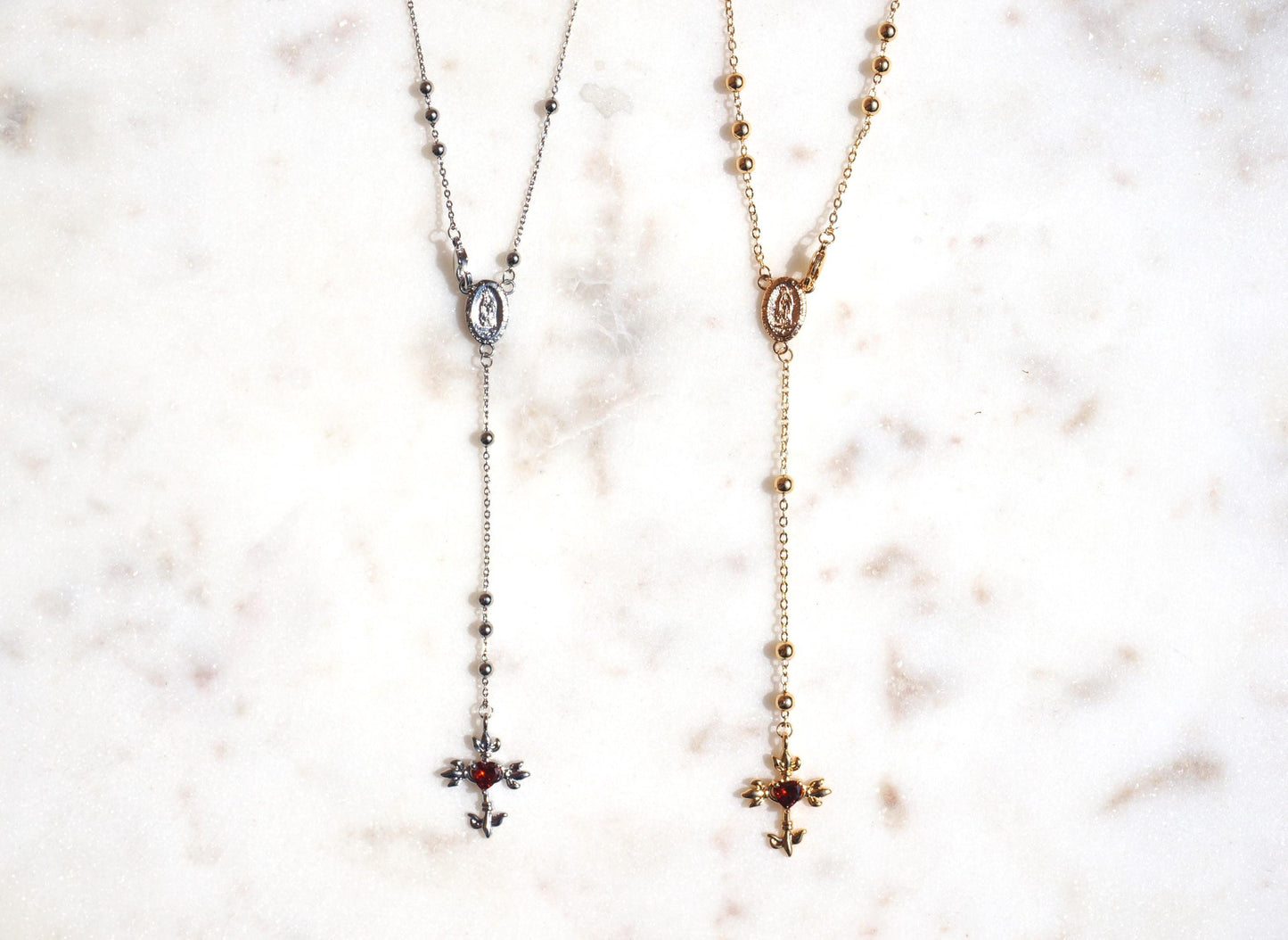 Red Heart Cross Rosary Style Necklace Gold/Silver