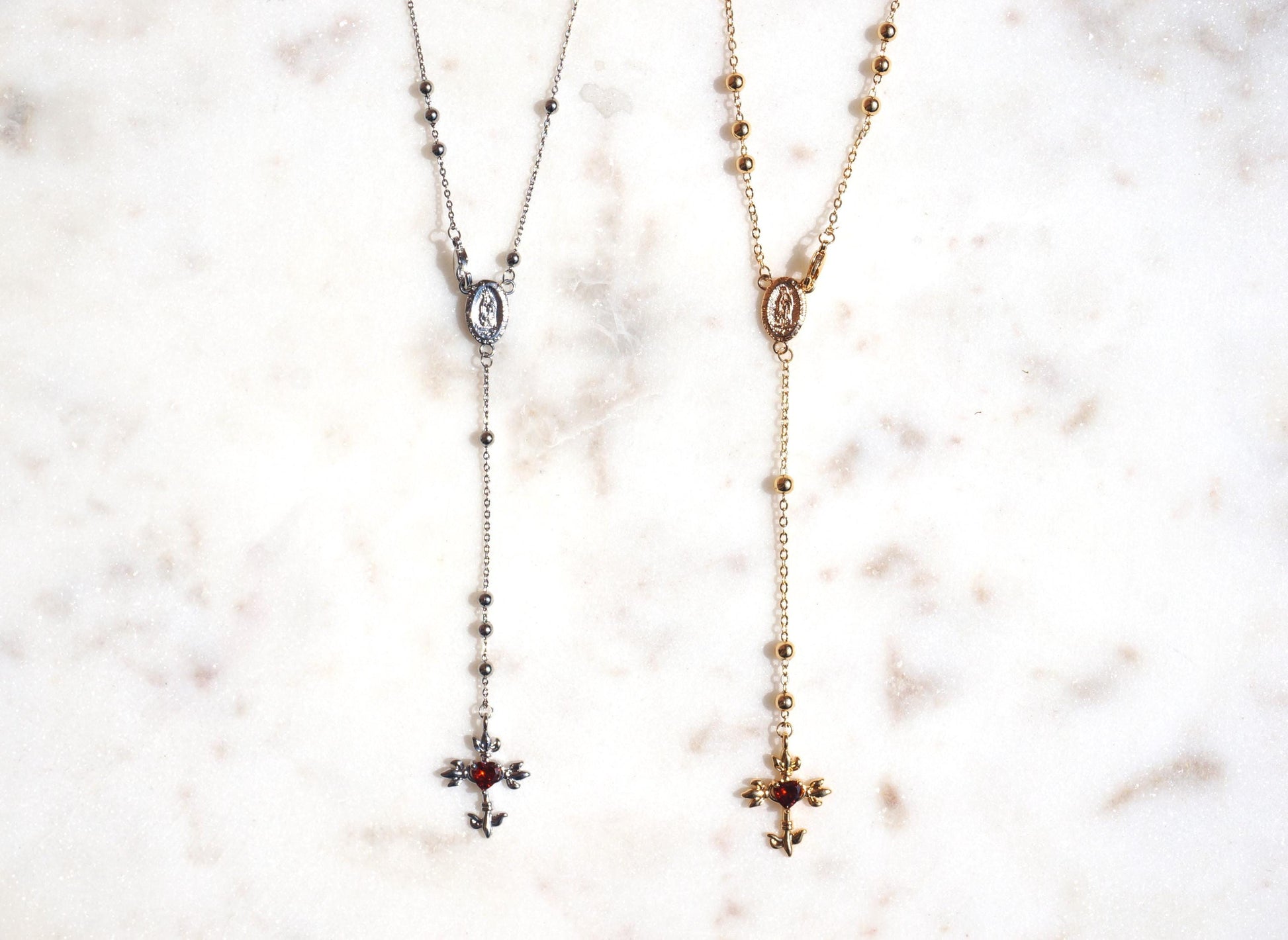 Red Heart Cross Rosary Style Necklace Gold/Silver
