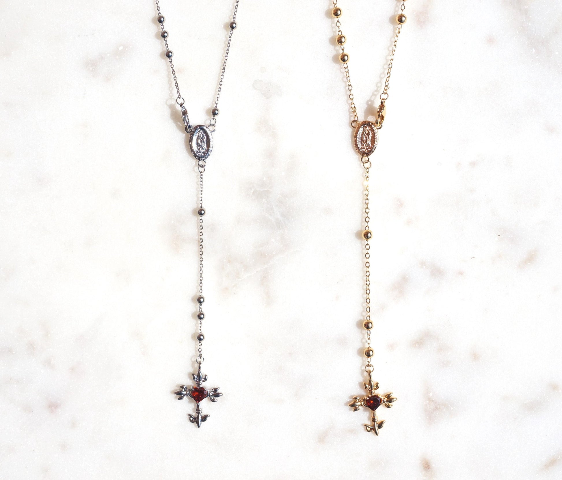 Red Heart Cross Rosary Style Necklace Gold/Silver