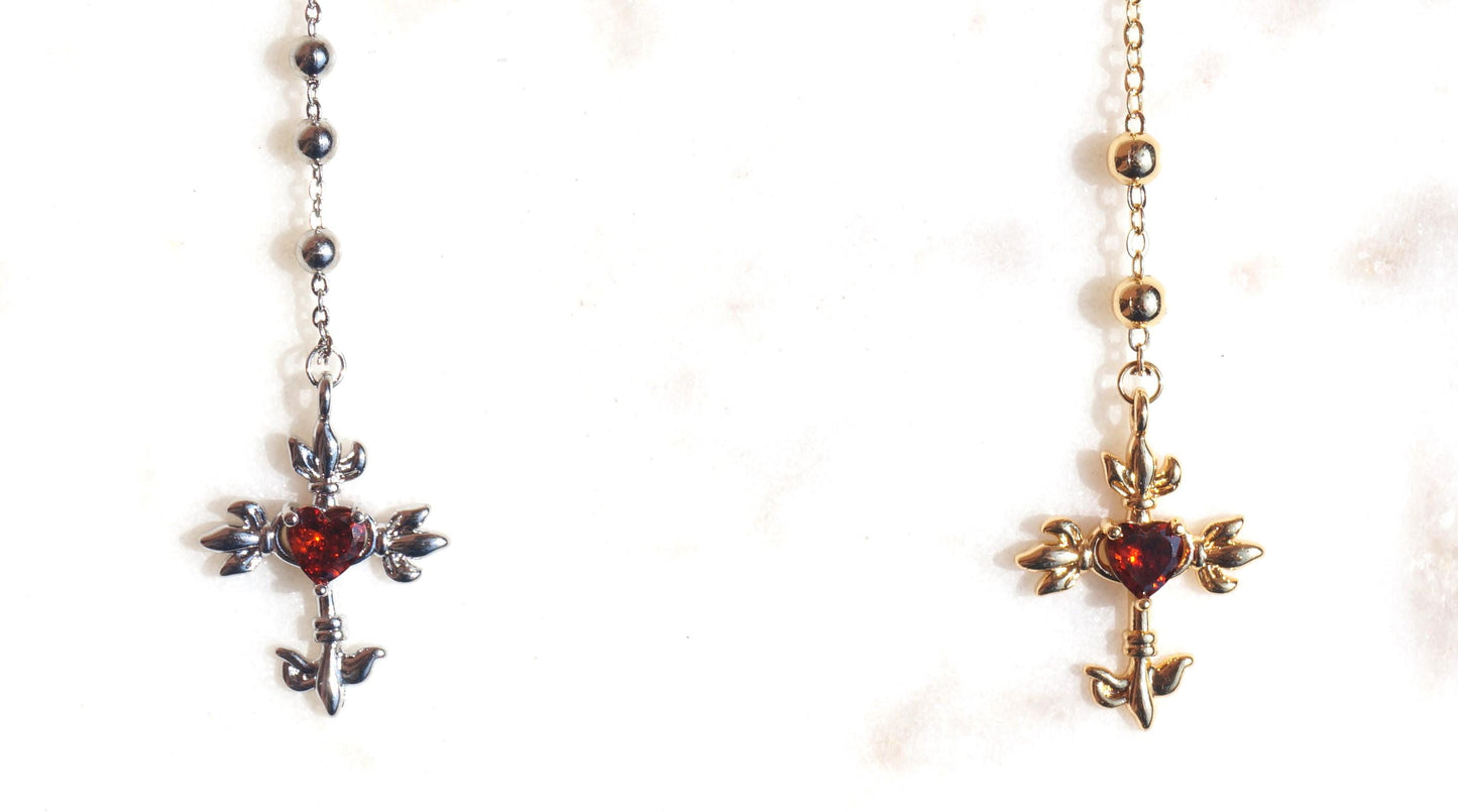 Red Heart Cross Rosary Style Necklace Gold/Silver