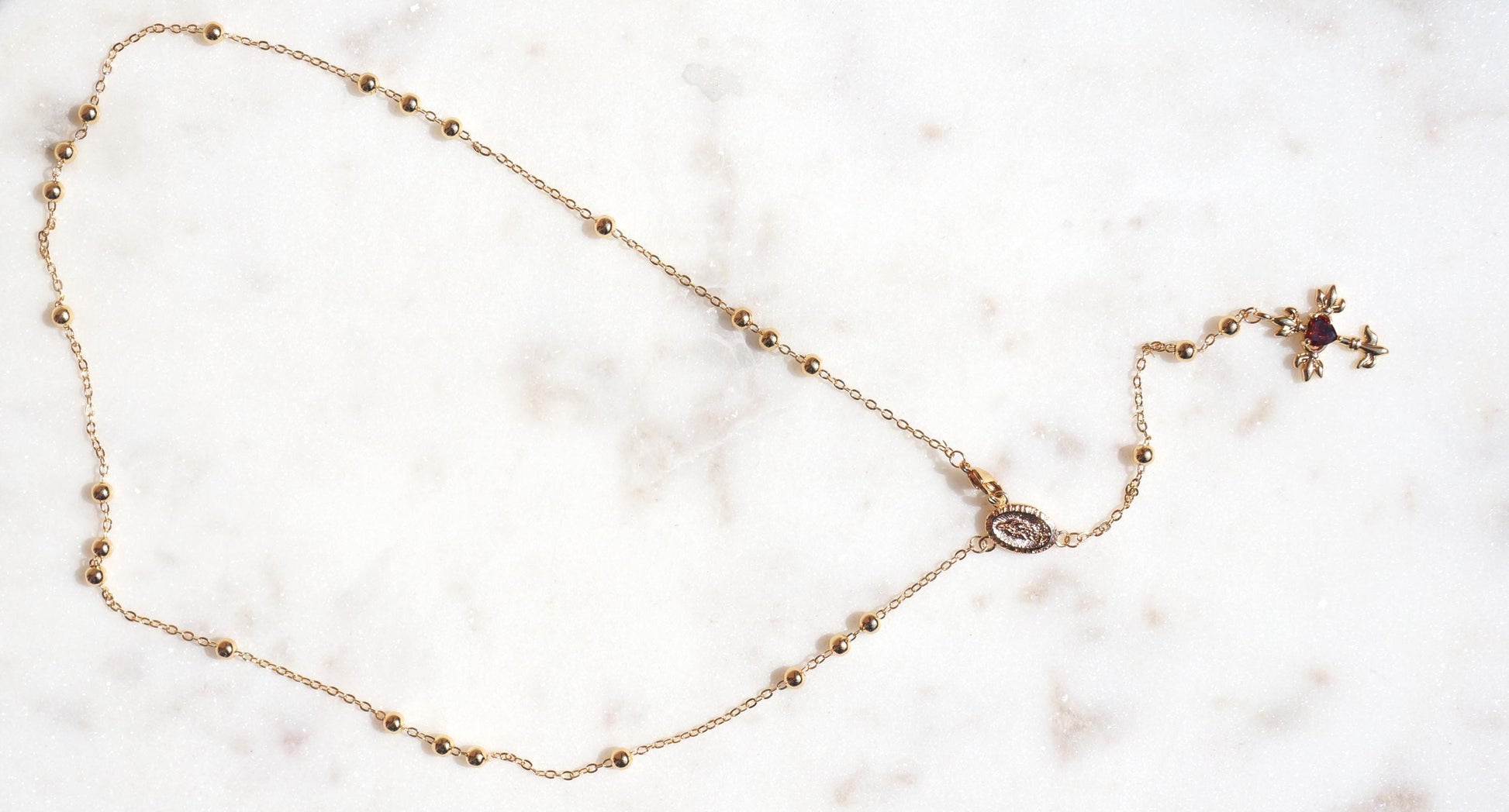 Red Heart Cross Rosary Style Necklace Gold/Silver