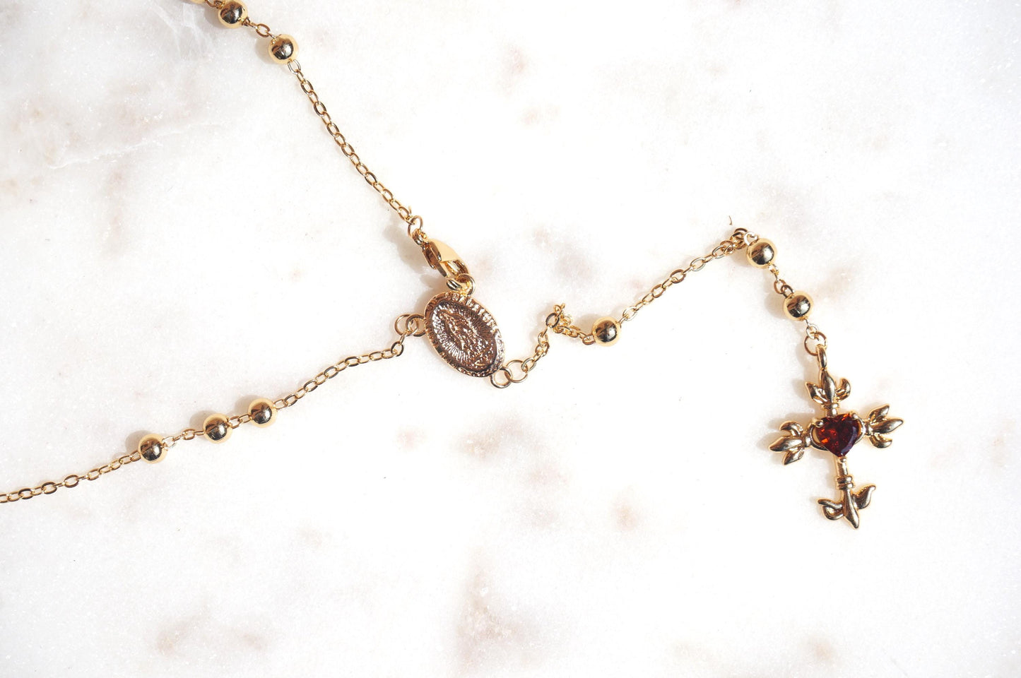 Red Heart Cross Rosary Style Necklace Gold/Silver