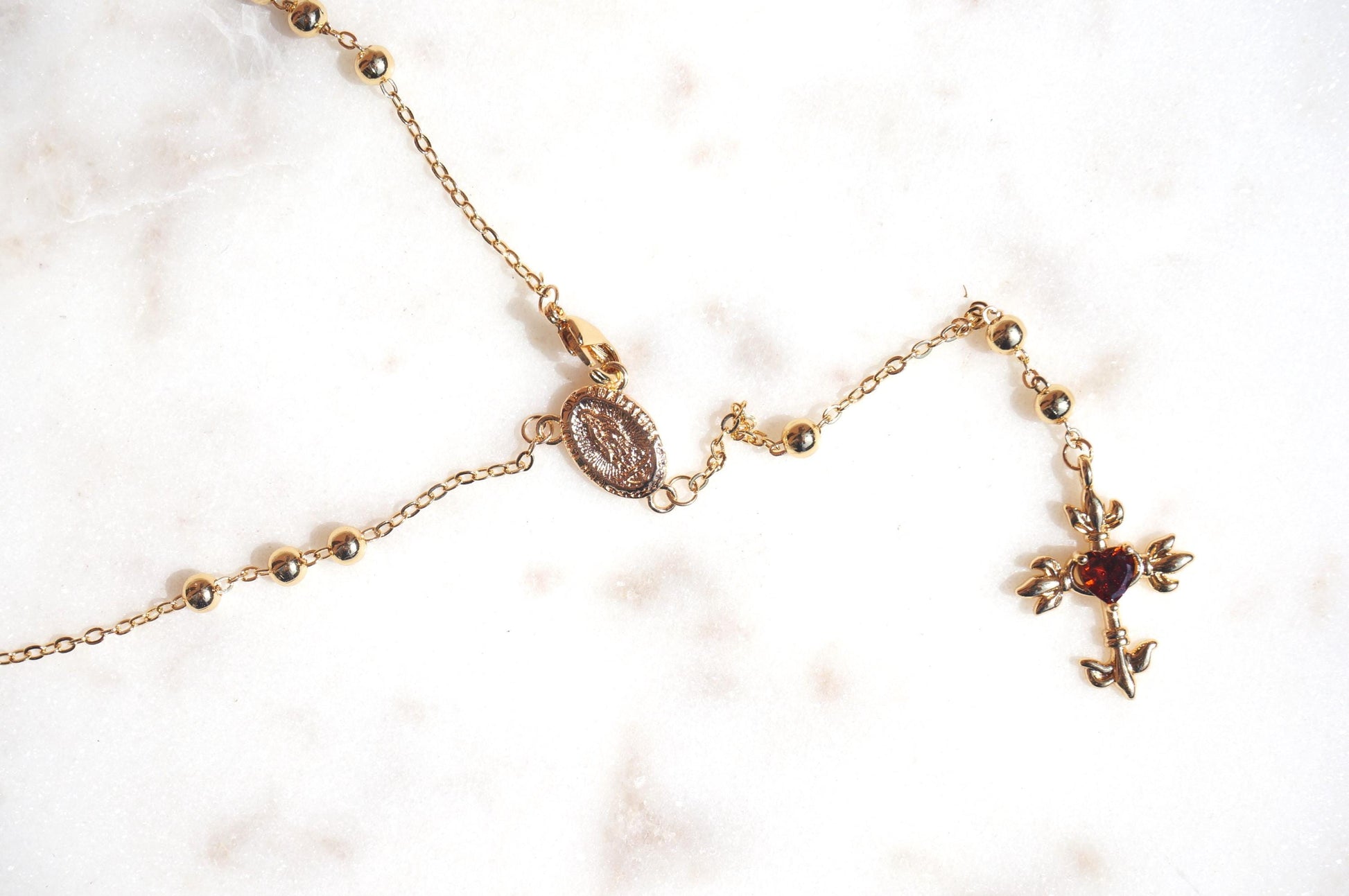 Red Heart Cross Rosary Style Necklace Gold/Silver