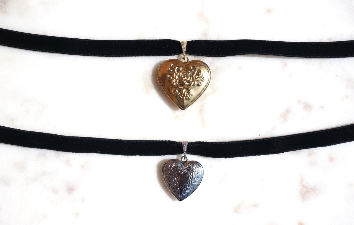 Silver/Gold Heart Locket Black/Purple Stretch Velvet Choker
