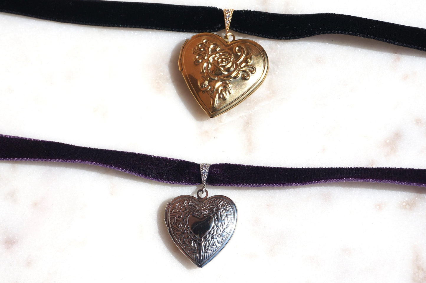 Silver/Gold Heart locket Black/Purple stretch velvet choker