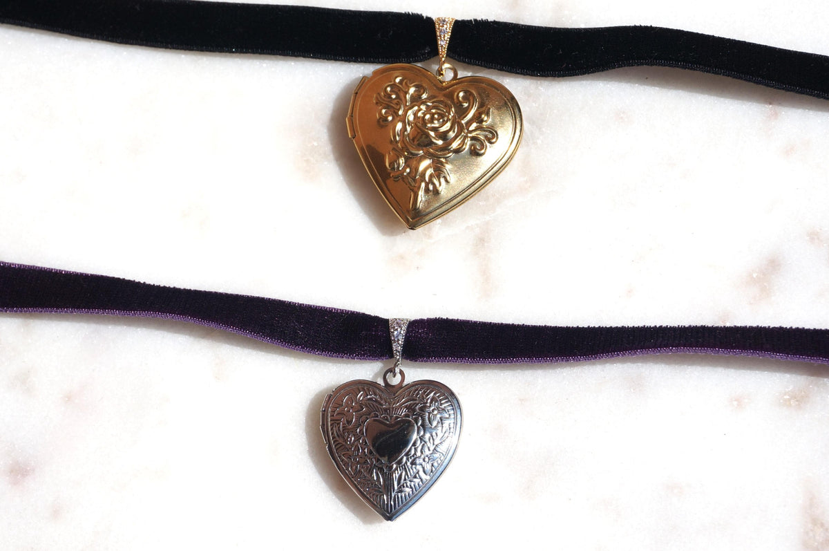 Silver/Gold Heart Locket Black/Purple Stretch Velvet Choker