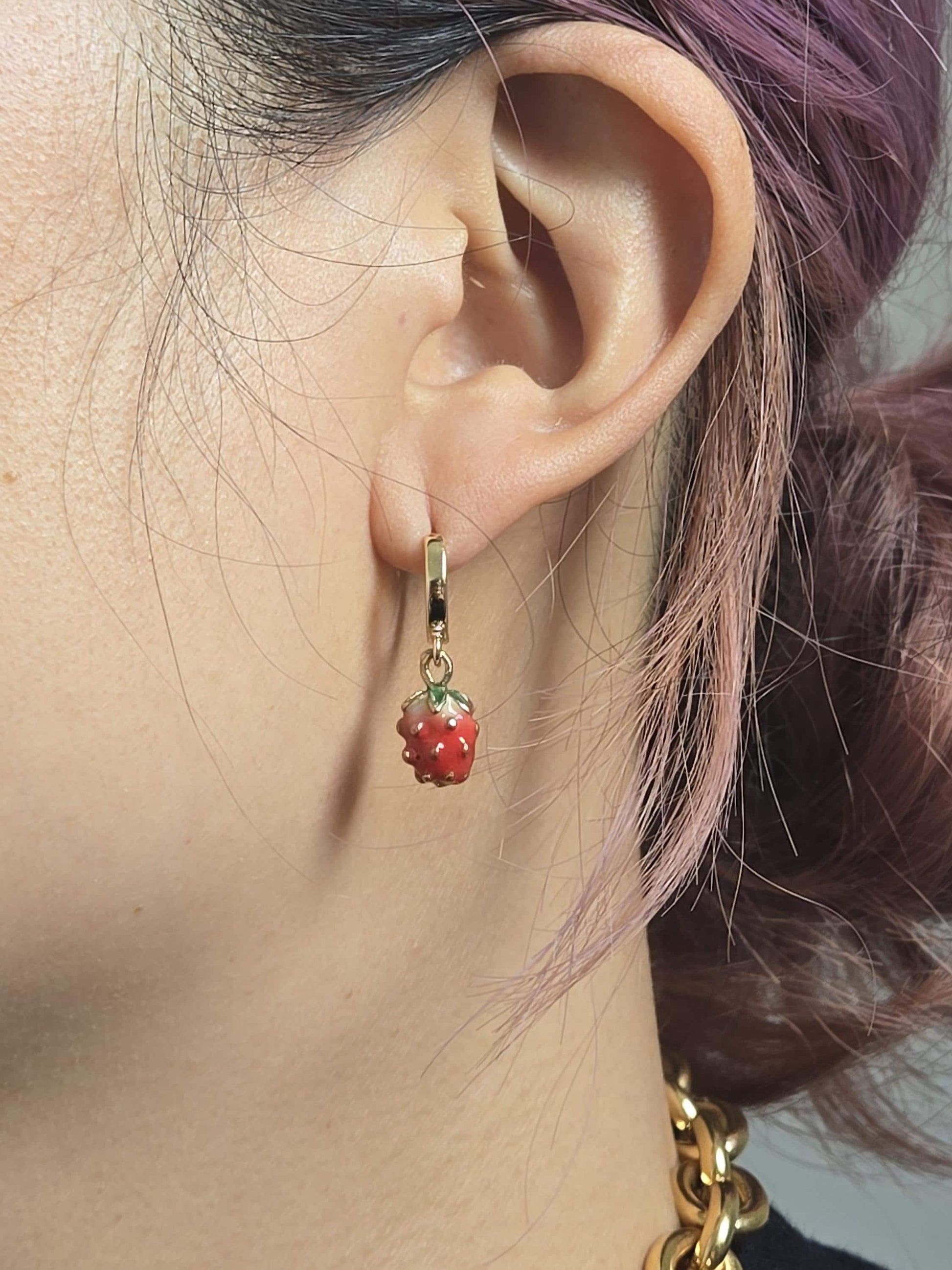 Dainty Strawberry Huggie Hoop Earrings
