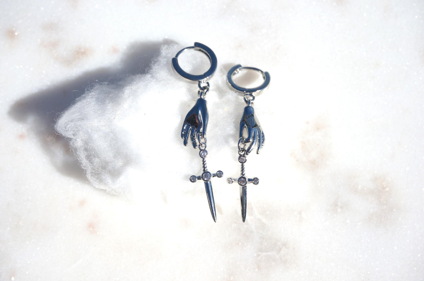 STILETTO Dainty Gold/Silver Hand Holding Dagger Huggie Hoop Earrings